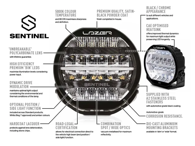 LAZER SENTINEL 7" ELITE PL2 fjernlys for hengende montering, m/parklys 