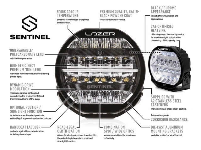 LAZER SENTINEL 9" ELITE+ PL2 fjernlys med hvitt og gult lys, og parklys 