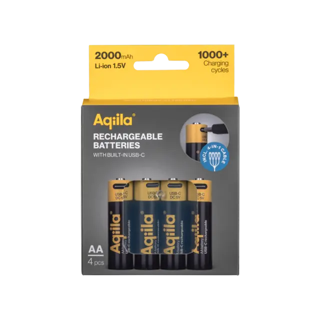 AQIILA Oppladbare AA Lithiumbatterier USB-C, 1,5V 4 pk 