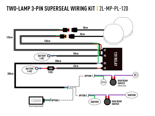 LAZER kabelsett for 2 lamper 3-pin Superseal, 12V 