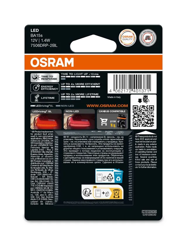 OSRAM P21W Red 1,4W 12V BA15S Osram LEDriving SL 